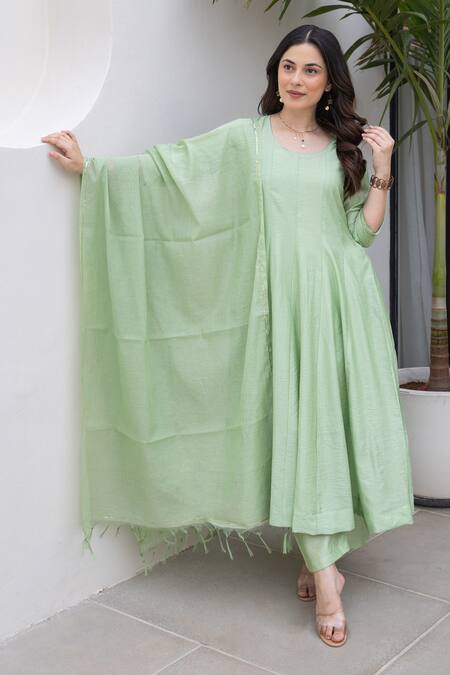 ASRUMO Green Chanderi Embroidery Round Neck Pista Anarkali Set at Aza Fashions ASRUMO_Green Chanderi Embroidery Round Neck Pista Anarkali Set _at_Aza_Fashions