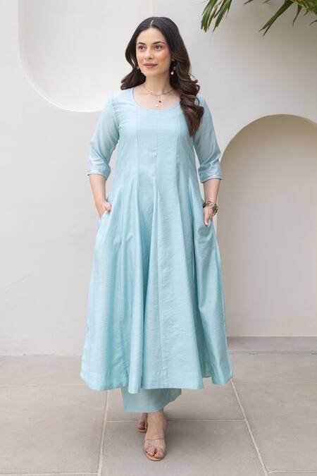 ASRUMO Blue Chanderi Embroidery Round Neck Powder Anarkali Set Online at Aza Fashions ASRUMO_Blue Chanderi Embroidery Round Neck Powder Anarkali Set _Online_at_Aza_Fashions