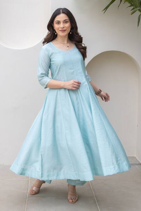 Buy ASRUMO Blue Chanderi Embroidery Round Neck Powder Anarkali Set Online at Aza Fashions Buy_ASRUMO_Blue Chanderi Embroidery Round Neck Powder Anarkali Set _Online_at_Aza_Fashions