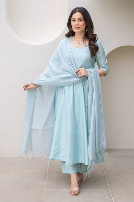 Shop ASRUMO Blue Chanderi Embroidery Round Neck Powder Anarkali Set Online at Aza Fashions Shop_ASRUMO_Blue Chanderi Embroidery Round Neck Powder Anarkali Set _Online_at_Aza_Fashions