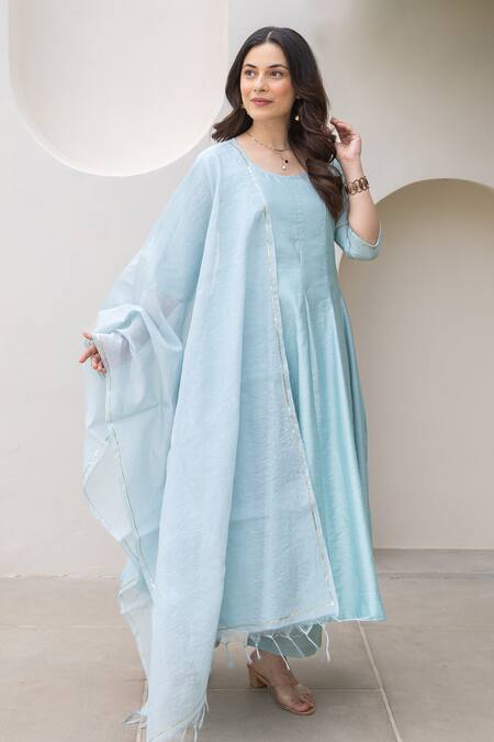 ASRUMO Blue Chanderi Embroidery Round Neck Powder Anarkali Set at Aza Fashions ASRUMO_Blue Chanderi Embroidery Round Neck Powder Anarkali Set _at_Aza_Fashions