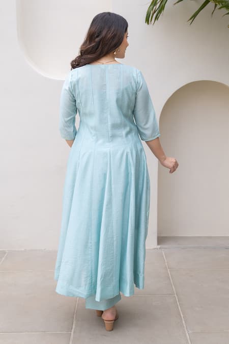 Shop ASRUMO Blue Chanderi Embroidery Round Neck Powder Anarkali Set at Aza Fashions Shop_ASRUMO_Blue Chanderi Embroidery Round Neck Powder Anarkali Set _at_Aza_Fashions