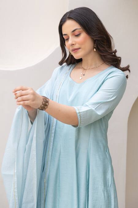 Buy ASRUMO Blue Chanderi Embroidery Round Neck Powder Anarkali Set Buy_ASRUMO_Blue Chanderi Embroidery Round Neck Powder Anarkali Set