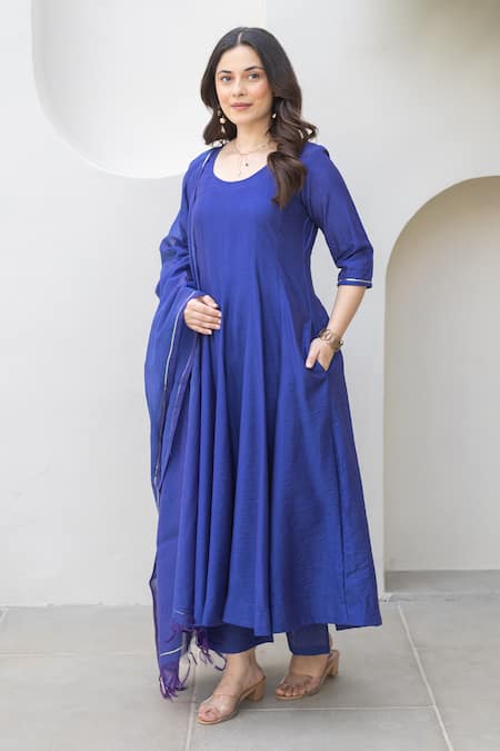 ASRUMO Blue Chanderi Embroidery Round Neck Royal Anarkali Set Online at Aza Fashions ASRUMO_Blue Chanderi Embroidery Round Neck Royal Anarkali Set _Online_at_Aza_Fashions