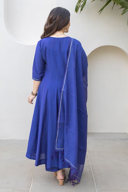 Shop ASRUMO Blue Chanderi Embroidery Round Neck Royal Anarkali Set at Aza Fashions Shop_ASRUMO_Blue Chanderi Embroidery Round Neck Royal Anarkali Set _at_Aza_Fashions