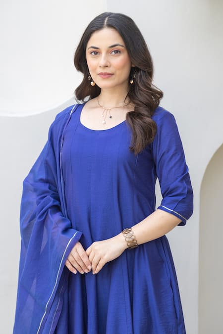 ASRUMO Blue Chanderi Embroidery Round Neck Royal Anarkali Set at Aza Fashions ASRUMO_Blue Chanderi Embroidery Round Neck Royal Anarkali Set _at_Aza_Fashions