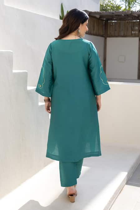 Shop ASRUMO Green Chanderi Embroidery Split V-neck Teal Noor Co-ord Set at Aza Fashions Shop_ASRUMO_Green Chanderi Embroidery Split V-neck Teal Noor Co-ord Set _at_Aza_Fashions