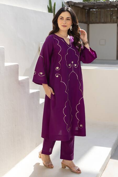 Buy ASRUMO Purple Chanderi Embroidery V-neck Royal Plum Co-ord Set Online at Aza Fashions Buy_ASRUMO_Purple Chanderi Embroidery V-neck Royal Plum Co-ord Set _Online_at_Aza_Fashions
