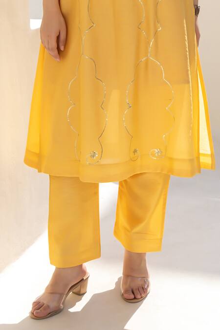 ASRUMO Mustard Chanderi Embroidery V-neck Marigold Glow Co-ord Set Online at Aza Fashions ASRUMO_Mustard Chanderi Embroidery V-neck Marigold Glow Co-ord Set _Online_at_Aza_Fashions