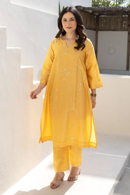 Buy ASRUMO Mustard Chanderi Embroidery V-neck Marigold Glow Co-ord Set Online at Aza Fashions Buy_ASRUMO_Mustard Chanderi Embroidery V-neck Marigold Glow Co-ord Set _Online_at_Aza_Fashions