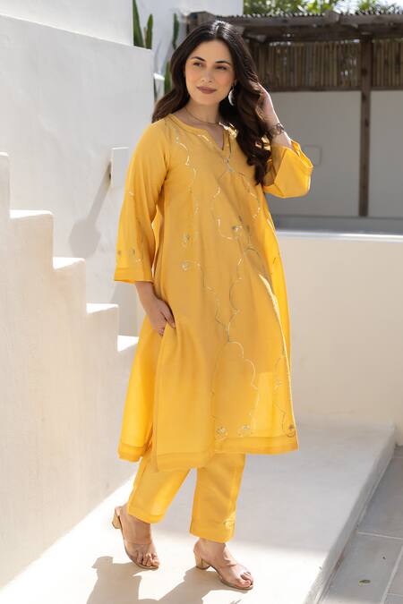 Buy ASRUMO Mustard Chanderi Embroidery V-neck Marigold Glow Co-ord Set Buy_ASRUMO_Mustard Chanderi Embroidery V-neck Marigold Glow Co-ord Set