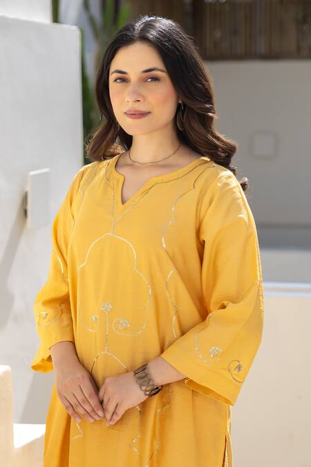 Shop ASRUMO Mustard Chanderi Embroidery V-neck Marigold Glow Co-ord Set Shop_ASRUMO_Mustard Chanderi Embroidery V-neck Marigold Glow Co-ord Set