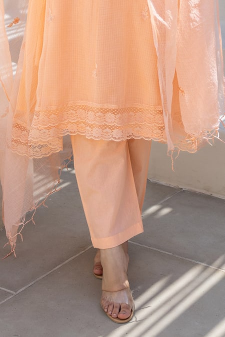 Buy ASRUMO Peach Embroidery V-neck Doriya Kurta Set Online at Aza Fashions Buy_ASRUMO_Peach Embroidery V-neck Doriya Kurta Set _Online_at_Aza_Fashions