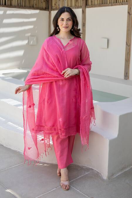 Shop ASRUMO Pink Embroidery V-neck Gulnaar Doriya Kurta Set Online at Aza Fashions Shop_ASRUMO_Pink Embroidery V-neck Gulnaar Doriya Kurta Set _Online_at_Aza_Fashions