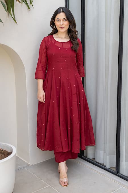 ASRUMO_Maroon Cotton Embroidery Round Neck Mulberry Anarkali Set _Online_at_Aza_Fashions