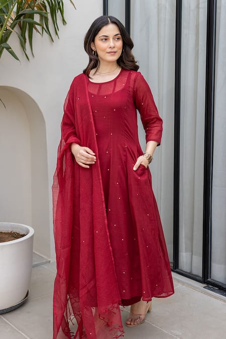 Buy_ASRUMO_Maroon Cotton Embroidery Round Neck Mulberry Anarkali Set _Online_at_Aza_Fashions