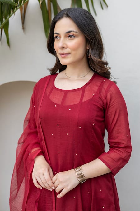 Shop_ASRUMO_Maroon Cotton Embroidery Round Neck Mulberry Anarkali Set _Online_at_Aza_Fashions
