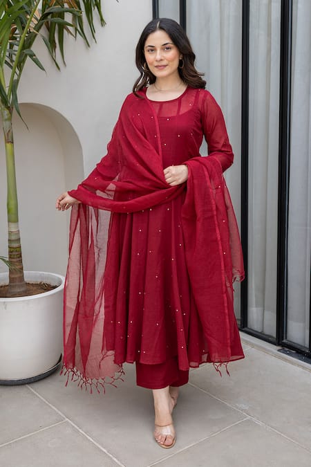 ASRUMO_Maroon Cotton Embroidery Round Neck Mulberry Anarkali Set _at_Aza_Fashions
