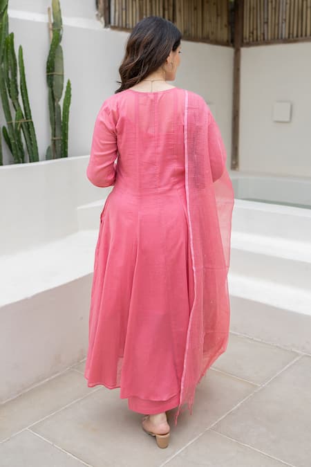 Shop ASRUMO Pink Cotton Mirrors Round Neck Neon Mulmul Anarkali Set at Aza Fashions Shop_ASRUMO_Pink Cotton Mirrors Round Neck Neon Mulmul Anarkali Set _at_Aza_Fashions