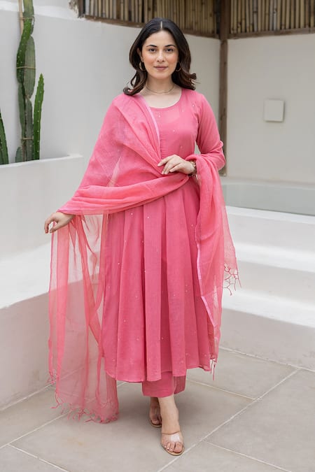 ASRUMO Pink Cotton Mirrors Round Neck Neon Mulmul Anarkali Set Online at Aza Fashions ASRUMO_Pink Cotton Mirrors Round Neck Neon Mulmul Anarkali Set _Online_at_Aza_Fashions