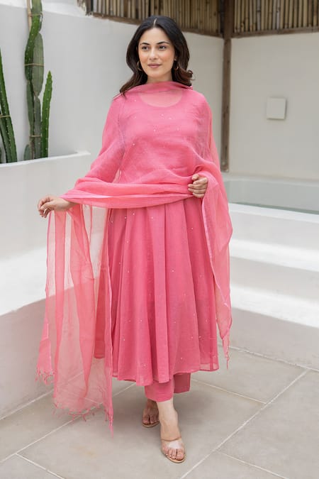 Buy ASRUMO Pink Cotton Mirrors Round Neck Neon Mulmul Anarkali Set Online at Aza Fashions Buy_ASRUMO_Pink Cotton Mirrors Round Neck Neon Mulmul Anarkali Set _Online_at_Aza_Fashions