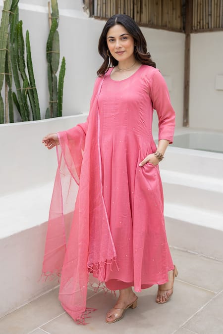 Shop ASRUMO Pink Cotton Mirrors Round Neck Neon Mulmul Anarkali Set Online at Aza Fashions Shop_ASRUMO_Pink Cotton Mirrors Round Neck Neon Mulmul Anarkali Set _Online_at_Aza_Fashions