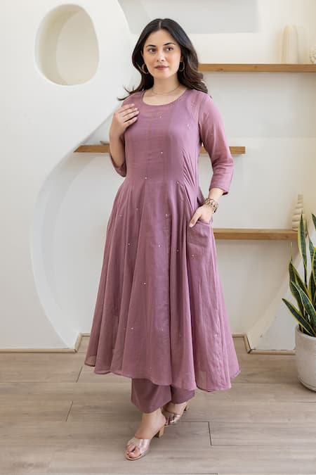ASRUMO_Lilac Cotton Embroidery Round Neck Lavender Mist Mulmul Anarkali Set _Online_at_Aza_Fashions