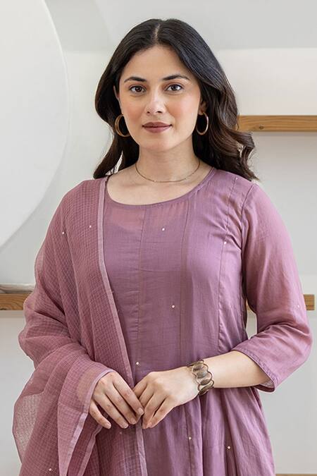 Buy_ASRUMO_Lilac Cotton Embroidery Round Neck Lavender Mist Mulmul Anarkali Set _Online_at_Aza_Fashions