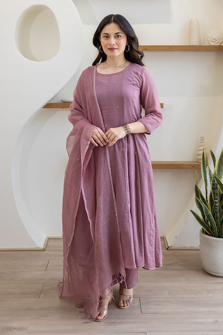 Shop_ASRUMO_Lilac Cotton Embroidery Round Neck Lavender Mist Mulmul Anarkali Set _Online_at_Aza_Fashions