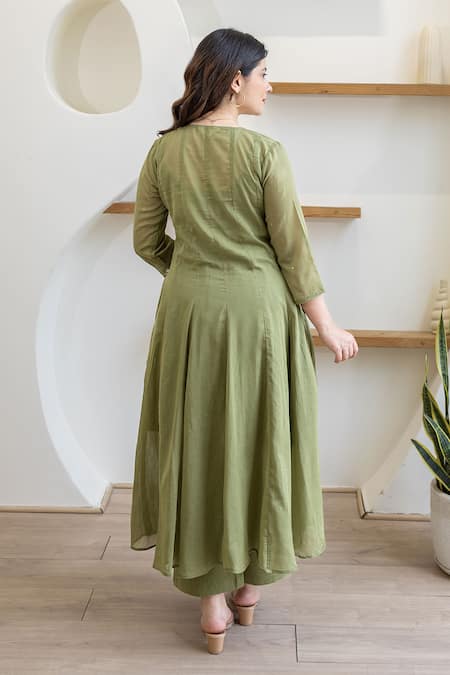 Shop ASRUMO Olive Green Cotton Mirrors, Embroidery Round Neck Mulmul Anarkali Suit Set at Aza Fashions Shop_ASRUMO_Olive Green Cotton Mirrors, Embroidery Round Neck Mulmul Anarkali Suit Set _at_Aza_Fashions