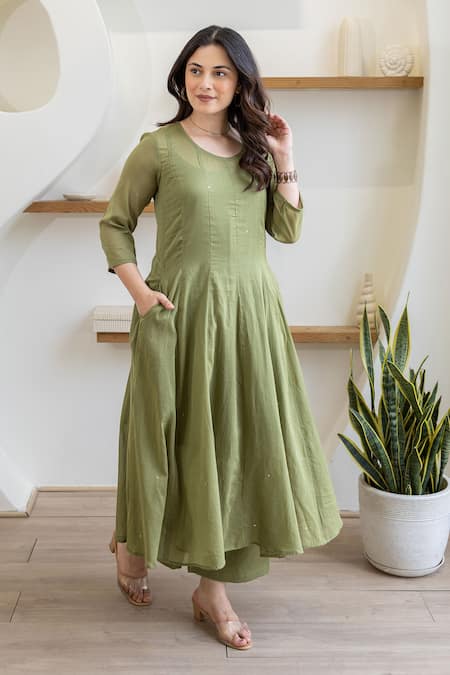 ASRUMO Olive Green Cotton Mirrors, Embroidery Round Neck Mulmul Anarkali Suit Set Online at Aza Fashions ASRUMO_Olive Green Cotton Mirrors, Embroidery Round Neck Mulmul Anarkali Suit Set _Online_at_Aza_Fashions