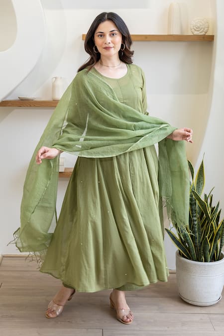 Buy ASRUMO Olive Green Cotton Mirrors, Embroidery Round Neck Mulmul Anarkali Suit Set Online at Aza Fashions Buy_ASRUMO_Olive Green Cotton Mirrors, Embroidery Round Neck Mulmul Anarkali Suit Set _Online_at_Aza_Fashions