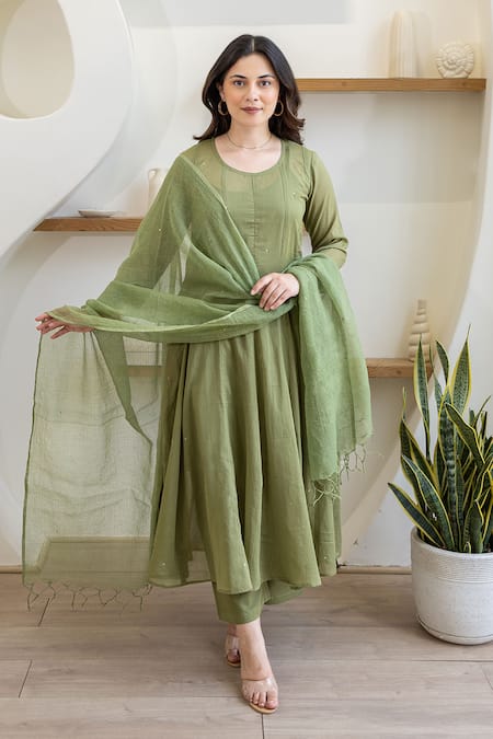 Shop ASRUMO Olive Green Cotton Mirrors, Embroidery Round Neck Mulmul Anarkali Suit Set Online at Aza Fashions Shop_ASRUMO_Olive Green Cotton Mirrors, Embroidery Round Neck Mulmul Anarkali Suit Set _Online_at_Aza_Fashions