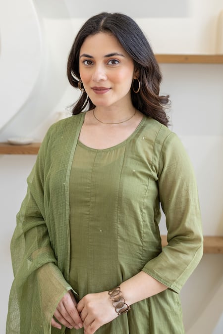 ASRUMO Olive Green Cotton Mirrors, Embroidery Round Neck Mulmul Anarkali Suit Set at Aza Fashions ASRUMO_Olive Green Cotton Mirrors, Embroidery Round Neck Mulmul Anarkali Suit Set _at_Aza_Fashions