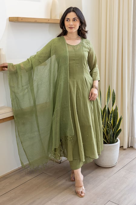 ASRUMO Olive Green Cotton Mirrors, Embroidery Round Neck Mulmul Anarkali Suit Set 