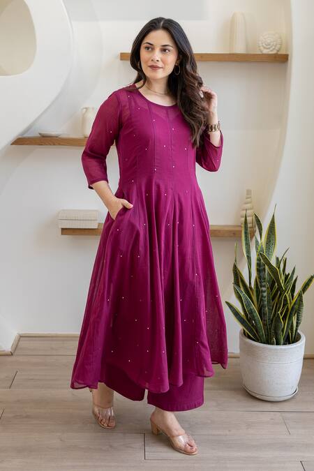ASRUMO Magenta Cotton Sequins Round Neck Mulmul Anarkali Suit Set Online at Aza Fashions ASRUMO_Magenta Cotton Sequins Round Neck Mulmul Anarkali Suit Set _Online_at_Aza_Fashions