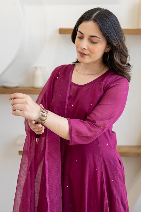 Buy ASRUMO Magenta Cotton Sequins Round Neck Mulmul Anarkali Suit Set Online at Aza Fashions Buy_ASRUMO_Magenta Cotton Sequins Round Neck Mulmul Anarkali Suit Set _Online_at_Aza_Fashions