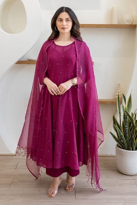 Shop ASRUMO Magenta Cotton Sequins Round Neck Mulmul Anarkali Suit Set Online at Aza Fashions Shop_ASRUMO_Magenta Cotton Sequins Round Neck Mulmul Anarkali Suit Set _Online_at_Aza_Fashions