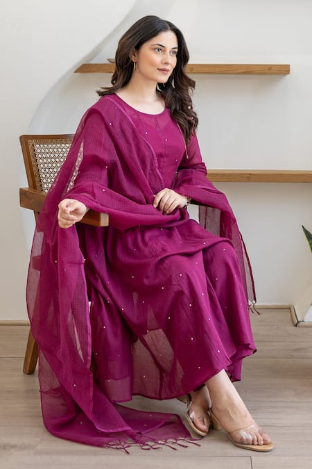 ASRUMO Magenta Cotton Sequins Round Neck Mulmul Anarkali Suit Set at Aza Fashions ASRUMO_Magenta Cotton Sequins Round Neck Mulmul Anarkali Suit Set _at_Aza_Fashions