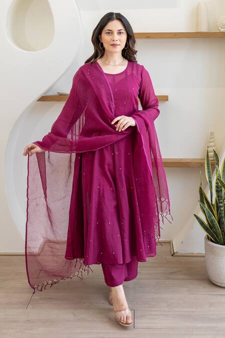 Buy ASRUMO Magenta Cotton Sequins Round Neck Mulmul Anarkali Suit Set Buy_ASRUMO_Magenta Cotton Sequins Round Neck Mulmul Anarkali Suit Set