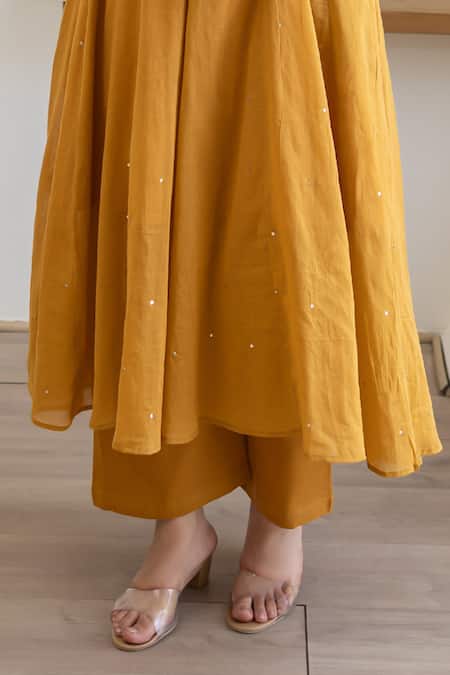 ASRUMO_Mustard Cotton Embroidery, Sequins Round Neck Sunlit Mulmul Anarkali Set _Online_at_Aza_Fashions
