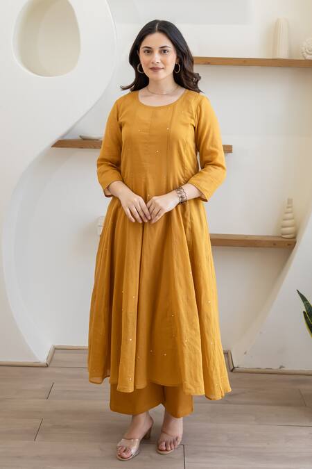 Buy_ASRUMO_Mustard Cotton Embroidery, Sequins Round Neck Sunlit Mulmul Anarkali Set _Online_at_Aza_Fashions