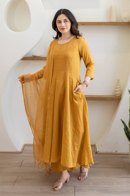Shop_ASRUMO_Mustard Cotton Embroidery, Sequins Round Neck Sunlit Mulmul Anarkali Set _Online_at_Aza_Fashions