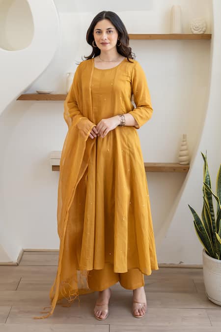 ASRUMO Mustard Cotton Embroidery, Sequins Round Neck Sunlit Mulmul Anarkali Set 