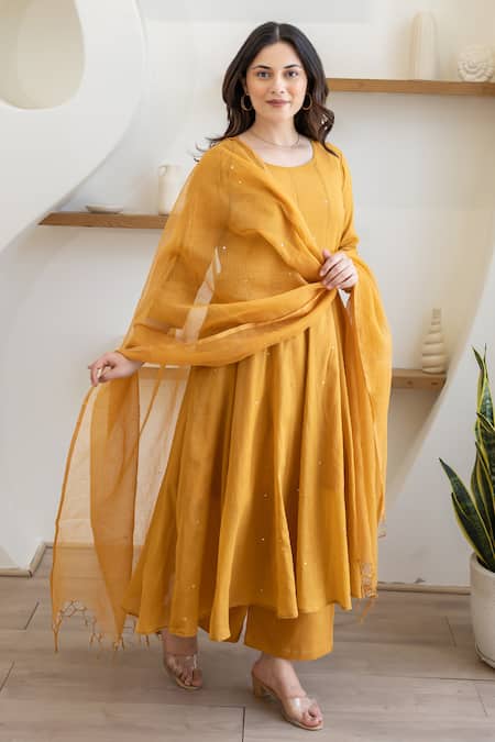 ASRUMO_Mustard Cotton Embroidery, Sequins Round Neck Sunlit Mulmul Anarkali Set _at_Aza_Fashions