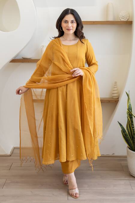 Buy_ASRUMO_Mustard Cotton Embroidery, Sequins Round Neck Sunlit Mulmul Anarkali Set 