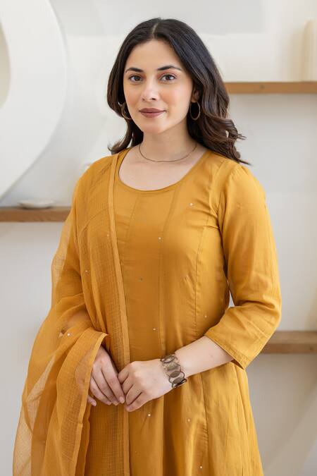 Shop_ASRUMO_Mustard Cotton Embroidery, Sequins Round Neck Sunlit Mulmul Anarkali Set 