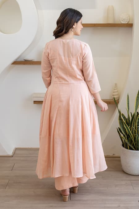 Shop ASRUMO Peach Cotton Embroidery Round Neck Blush Mulmul Anarkali Set at Aza Fashions Shop_ASRUMO_Peach Cotton Embroidery Round Neck Blush Mulmul Anarkali Set _at_Aza_Fashions