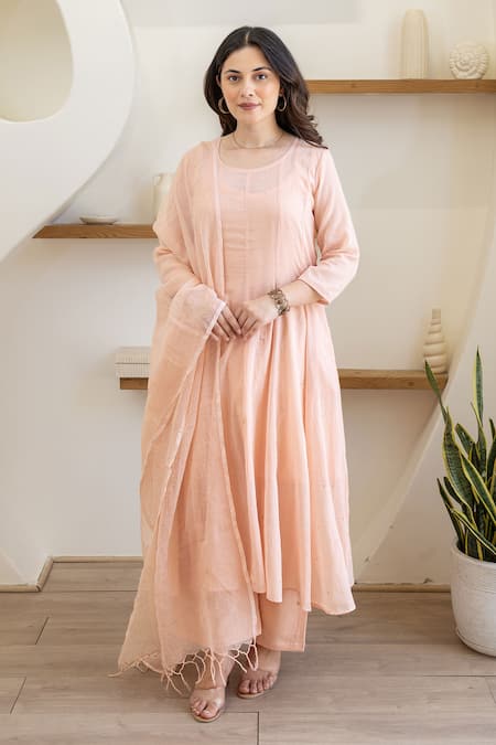 ASRUMO Peach Cotton Embroidery Round Neck Blush Mulmul Anarkali Set 