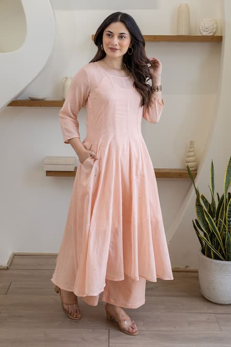 ASRUMO Peach Cotton Embroidery Round Neck Blush Mulmul Anarkali Set Online at Aza Fashions ASRUMO_Peach Cotton Embroidery Round Neck Blush Mulmul Anarkali Set _Online_at_Aza_Fashions